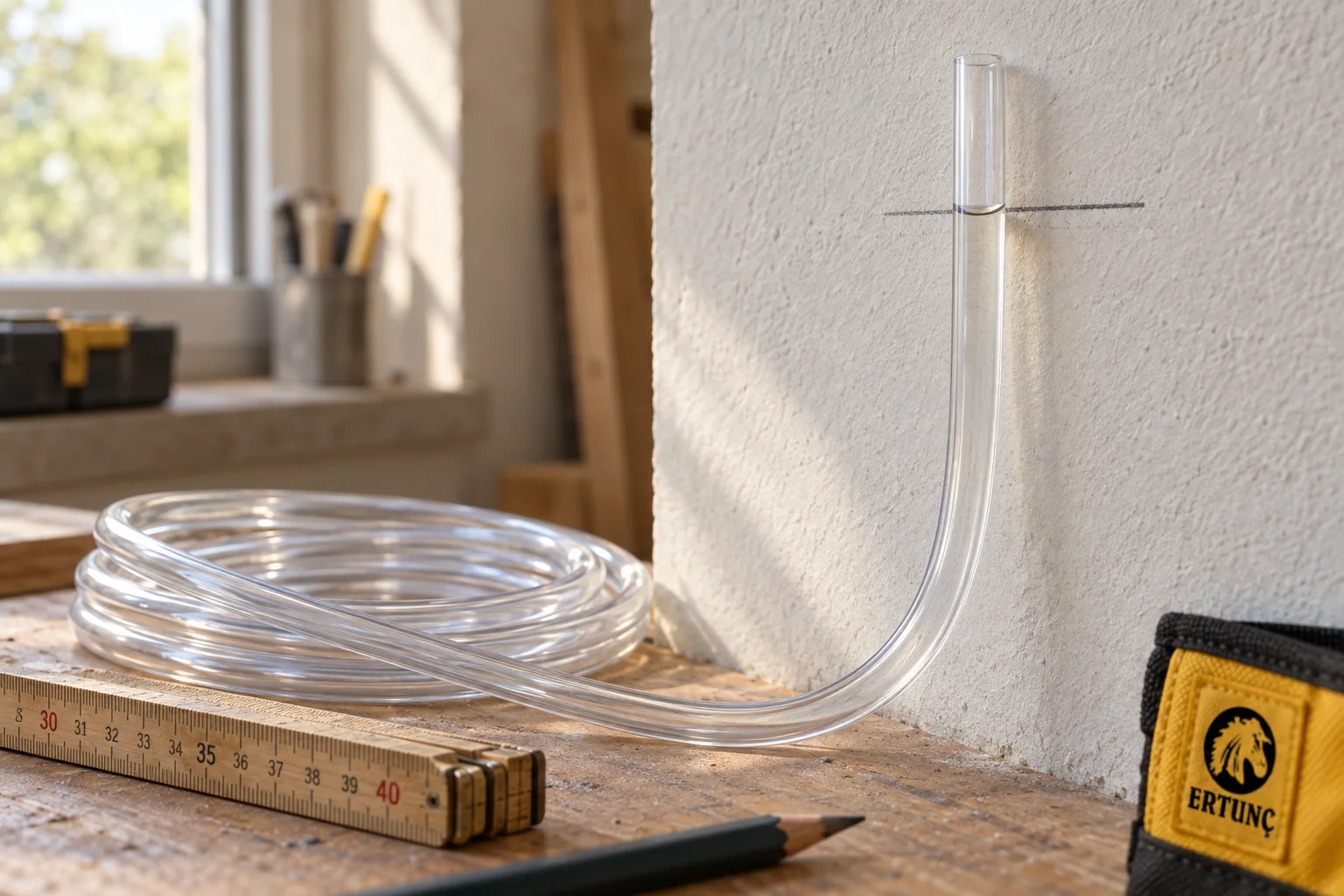 Illustrative workshop scene showing the water level in clear tubing against a reference mark on a wall