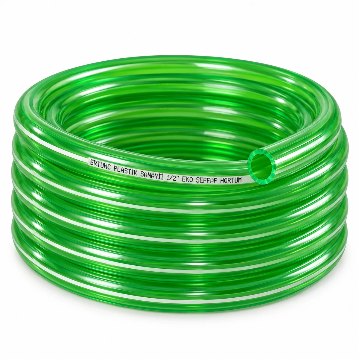 Economy Clear Hose — green transparent coil with white marking stripe