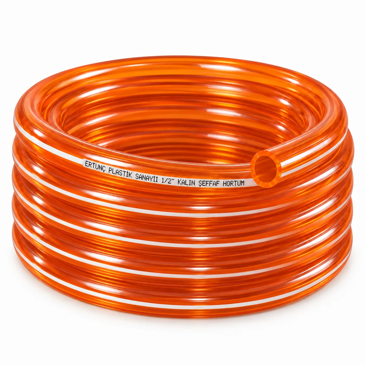 Thick-Wall Clear Hose — orange transparent coil with white marking stripe