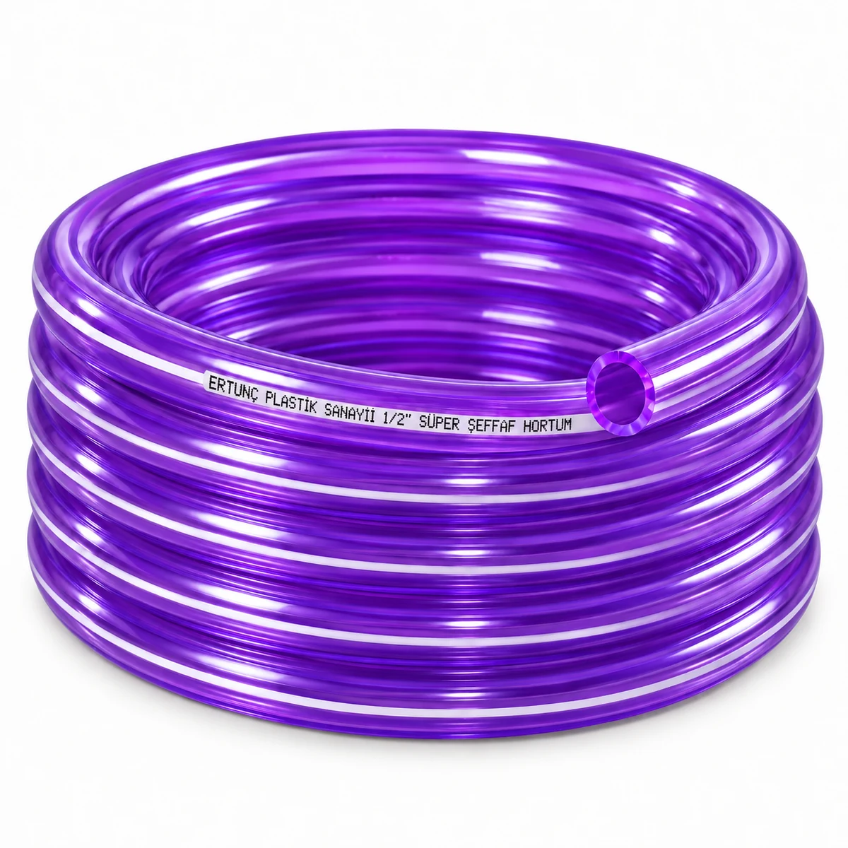 Super Clear Hose — purple transparent coil with white marking stripe