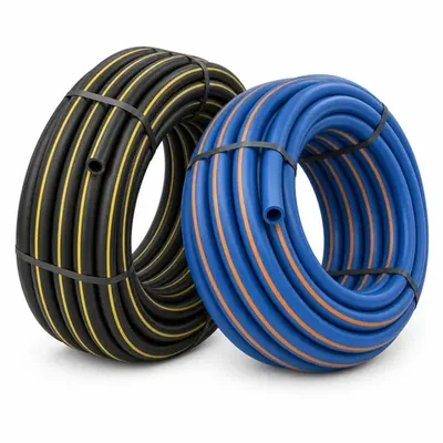 Black polyethylene pipes with yellow stripes and Blue Polyethylene Pipes with orange stripes