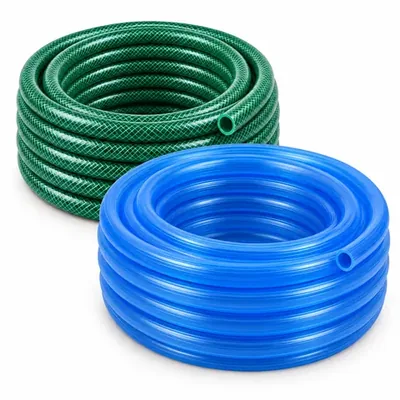Transparent dark green braided and transparent blue soft garden hoses, open ends without attachments