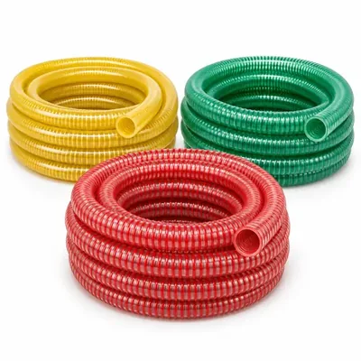 Coils of yellow and green suction hose and red discharge hose